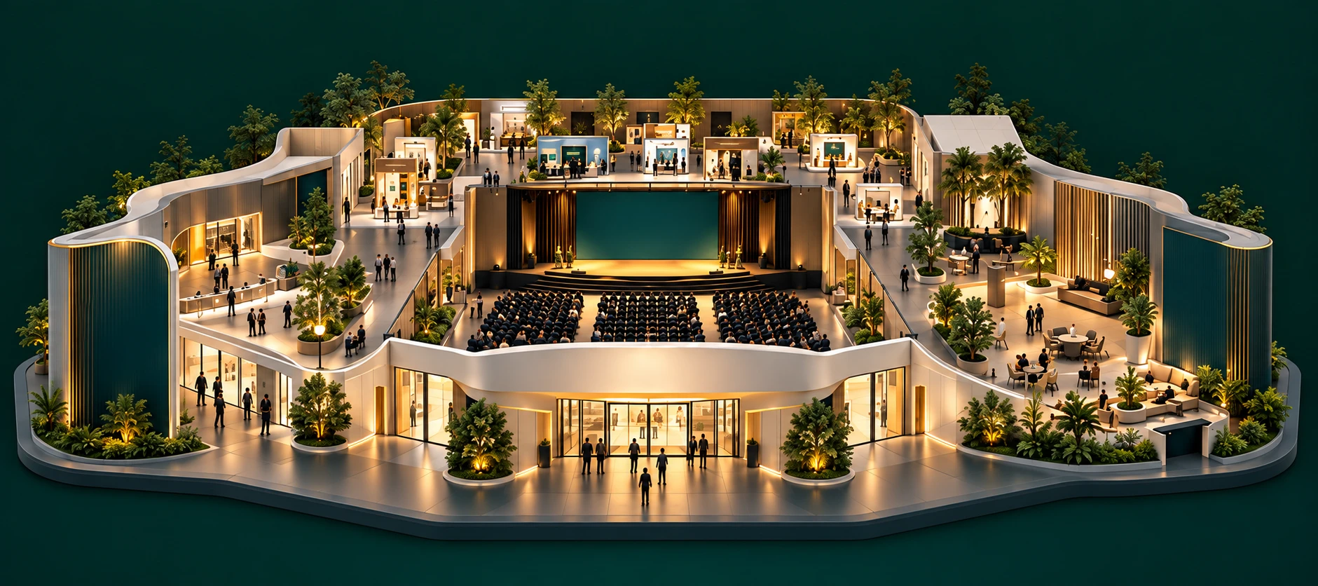 Illustrative event venue with a registration area, auditorium, exhibition booths and networking lounge